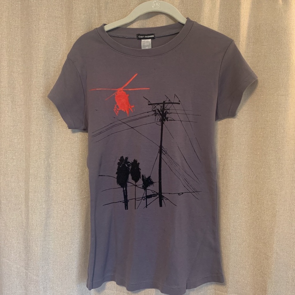 Vintage Graphic T - Helicopter Flying Over LA Landscape- Vintage